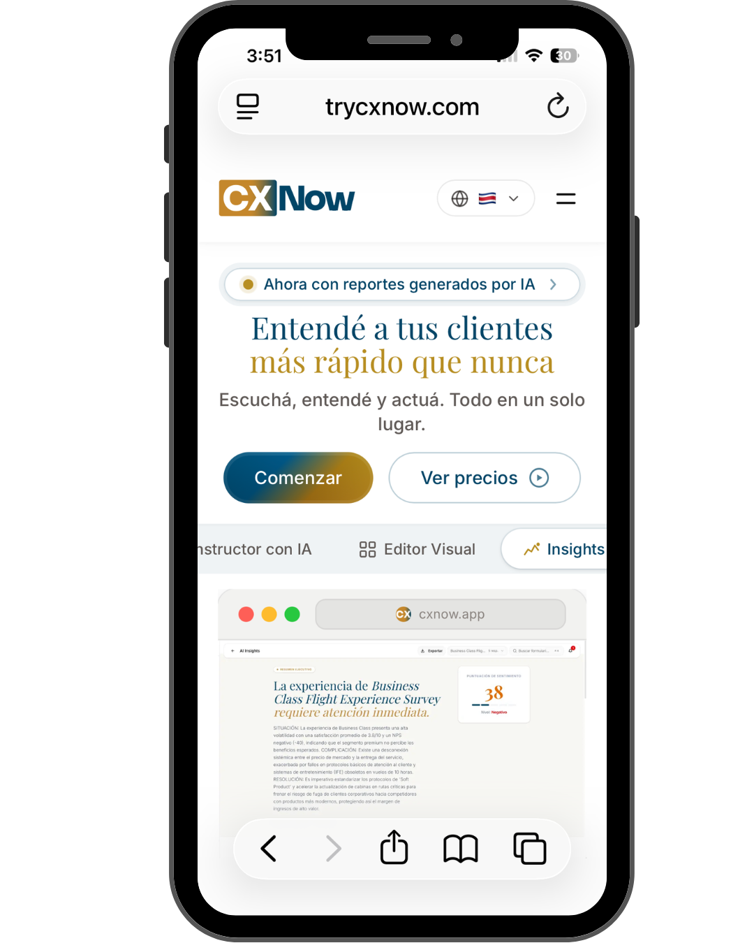 CX Now en móvil mostrando la página principal de trycxnow.com con el mensaje "Entendé a tus clientes más rápido que nunca" y reportes generados por IA.
